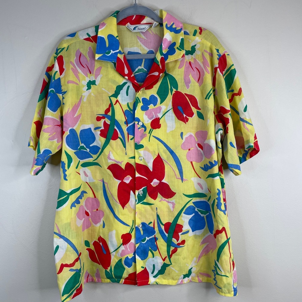 Vintage 80s Camp Shirt Large Bold Bright Floral AOP Button Up Short Sleeve USA